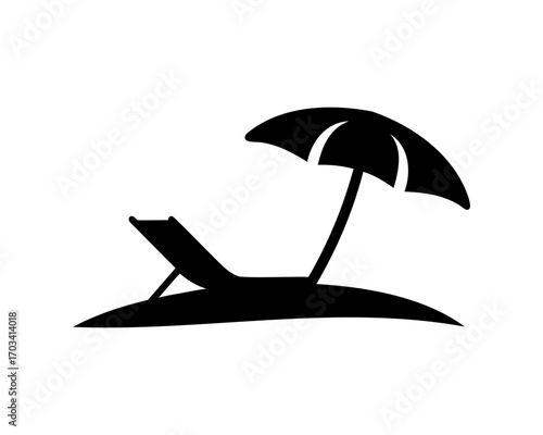 Simple silhouette illustration of beach with deckchair and parasol on white background