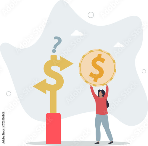 Money decision, investment choice or option to make profit, buy or rent, pay off debt or invest, select best earning asset.life and employment of people.