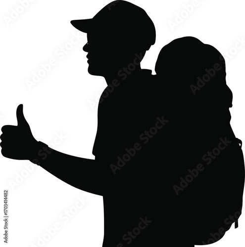 Silhouette traveler with backpack gives thumbs up gesture