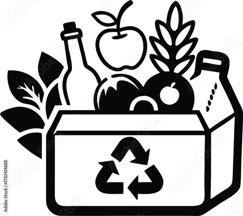 Food items in recycling box apple bottle