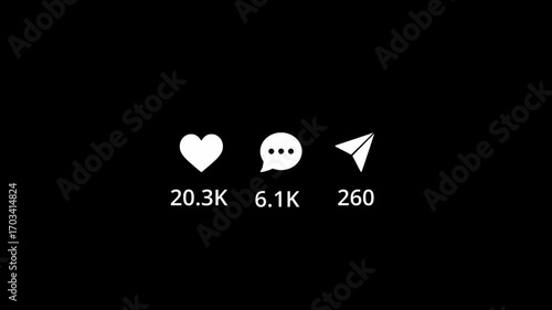 Viral content animation. Like comment and share social media animation reel count on black screen
