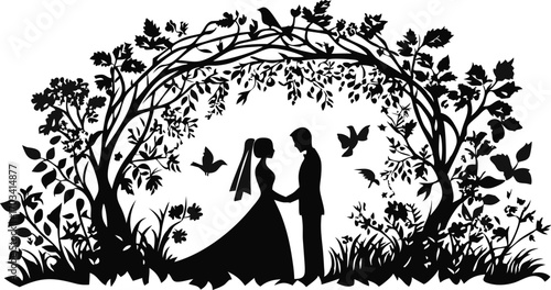 Silhouette of a bride and groom holding hands under a floral archway with birds flying
