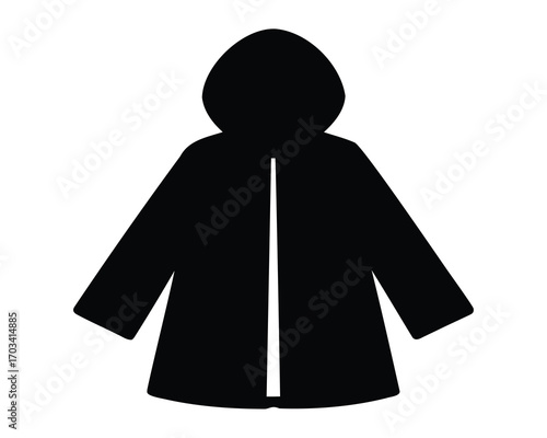 Silhouette of a black hooded raincoat jacket with a vertical opening