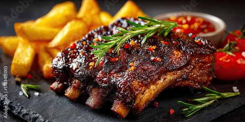 barbecue spare ribs served with fries and tomatoes at a steakhouse or restaurant, side view