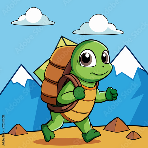 Cartoon cute turtle with backpack hiking up colorful mountain adventure trail.svg