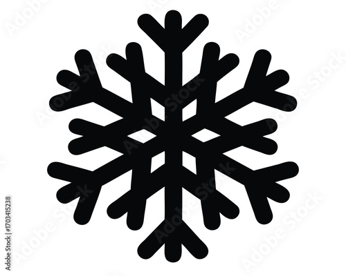 A simplistic black silhouette of a snowflake with short rounded branches