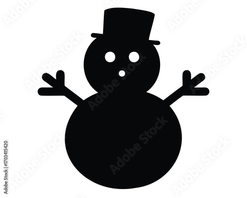 Solid black silhouette of a snowman with a top hat and twig arms