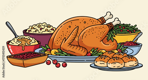 Deliciously Rendered Cartoon Illustration of a Fully Cooked Thanksgiving Turkey Feast with All the Trimmings and Side Dishes