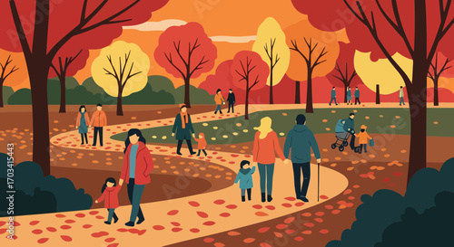 Vibrant Autumn Park Scene People Enjoying a Colorful Fall Day Walking on Curved Paths Amidst Falling Leaves and Trees