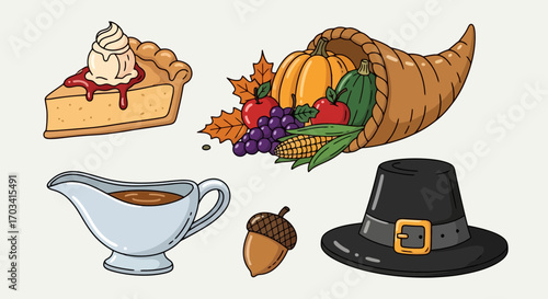 Thanksgiving Harvest Feast Elements Pumpkin Pie Cornucopia Gravy Boat Acorn Pilgrim Hat Clipart Illustration