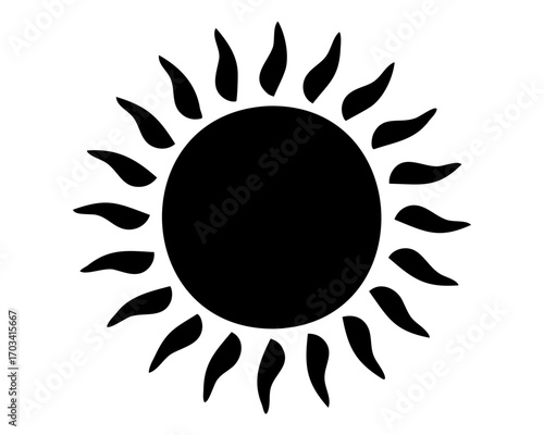 Simple black sun illustration with sharp rays of light on white backdrop