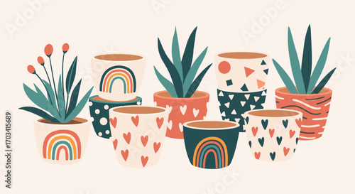 Collection of adorable illustrated plant pots with charming rainbow and heart patterns