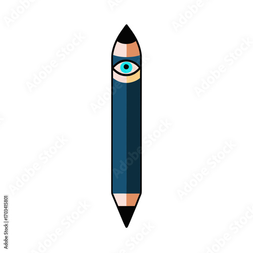 A stylized blue pencil with an all seeing eye design