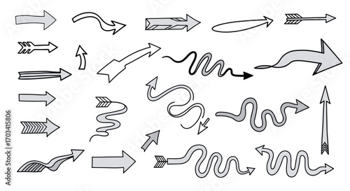 Collection of hand drawn arrow illustrations showing direction movement and progress in various styles