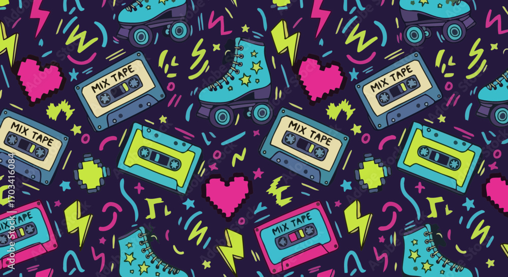 Obraz premium Nostalgic Retro Pattern Featuring Cassette Tapes and Roller Skates, Ideal for 80s Themed Parties, Fashion, and Creative Projects