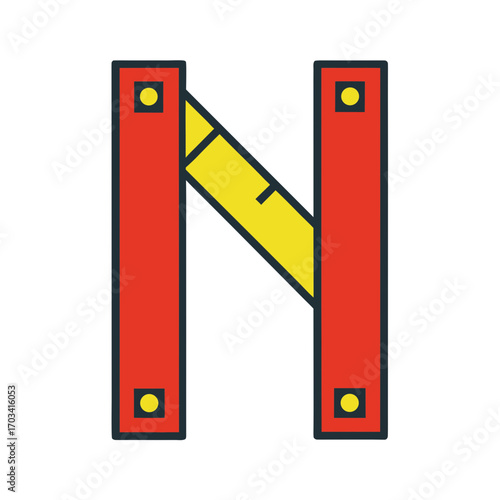 Stylized letter n formed by red and yellow measuring tools