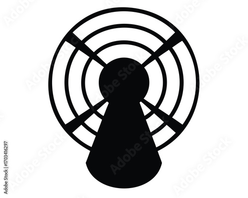 Black and white tower broadcast antenna symbol with concentric circles and lines