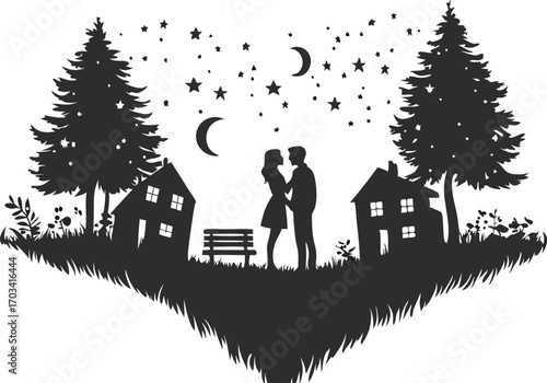 Romantic silhouette of a couple embracing under a starry night sky with crescent moons and trees
