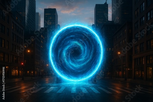 Sci-fi Glowing Portal in the City at Night