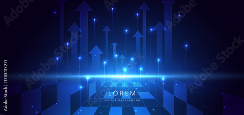Arrow up glowing blue with lighting effect on dark blue background.