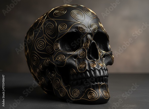 Black ceramic skull with gold swirl patterns on dark background