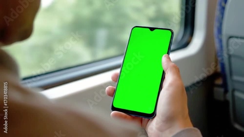 Woman Holding Smartphone with Green Screen on a Train Journey.