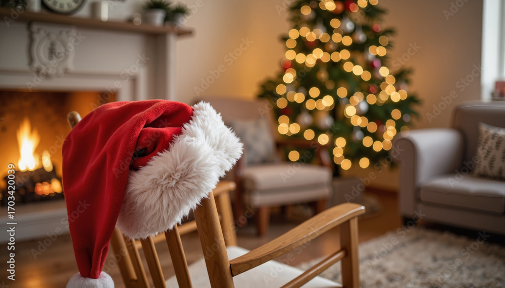 Obraz premium Red Santa hat hanging on wooden chair by cozy fireplace and Christmas tree 