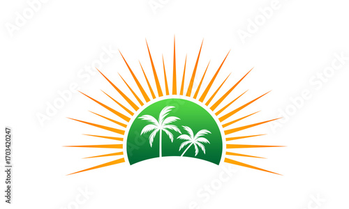 Palm tree silhouette with sunrise logo design