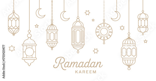 Ramadan Kareem Banner – Traditional Eastern Mosaic Lamps, Crescent and Stars on Ethnic Gold Background, EPS10 Vector Illustration for Islamic Holiday, Celebration, and Festive Design