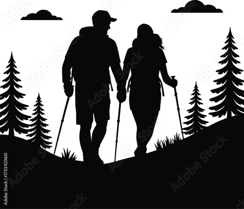 Couple hiking holding hands with trekking poles vector