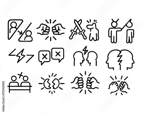 Set of outline icons related to confrontation, conflict. Linear icon collection