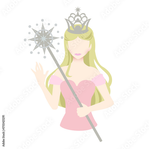 Vector art of The “Good Witch of the South” with her dress and magic wand.Reminiscent of the Wizard of Oz and other fairy tales.	