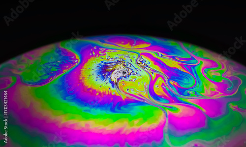 Abstract vivid soap bubble, displaying hypnotic rainbow liquid swirl art wallpaper background.
