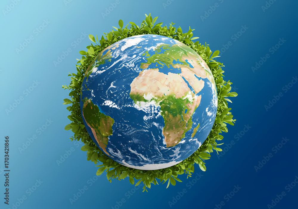Naklejka premium Conceptual image of the Earth globe wrapped in green leaves, representing ecology, nature conservation, and a sustainable future for our planet