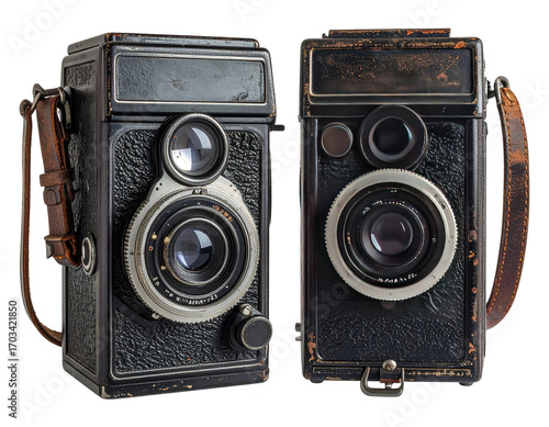 Two vintage twin-lens reflex cameras, side-by-side, showing aged black bodies and  brown leather straps.  Each has a large lens and a textured surface