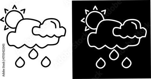 Minimalist weather icon with sun, clouds, and raindrops, symbolizing rainy season, climate, forecast, storm, nature, and changing environmental conditions.