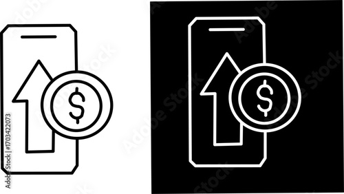 Minimalist smartphone icon with upward arrow and dollar symbol, representing mobile banking, online payments, financial growth, investment, and digital money.
