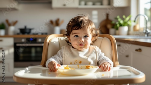 Toddler in bib with food stains sitting in high chair, curious expression, bowl of food in front. Concept of toddler in bib with food stains, feeding, bright kitchen setting.