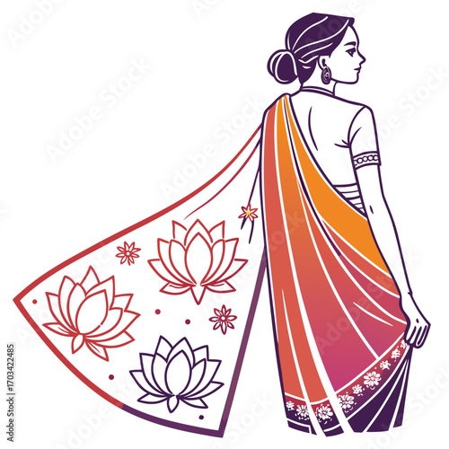 Beautiful woman in saree with lotus flower