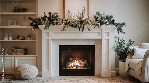 Cozy living room interior with a modern white fireplace decorated with a festive green garland for winter.