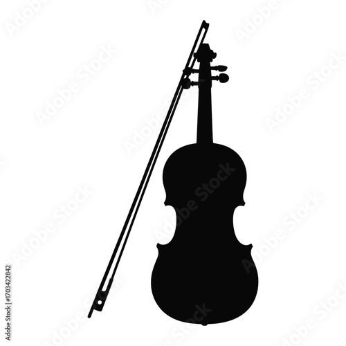 Silhouette of a violin and bow leaning against a white background