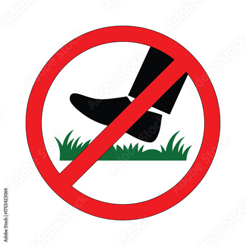 Red prohibition sign with a black silhouette of a foot stepping on green grass