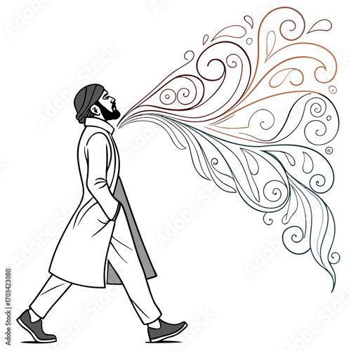 Man in sherwani with turban and beard is walking and blowing swirls