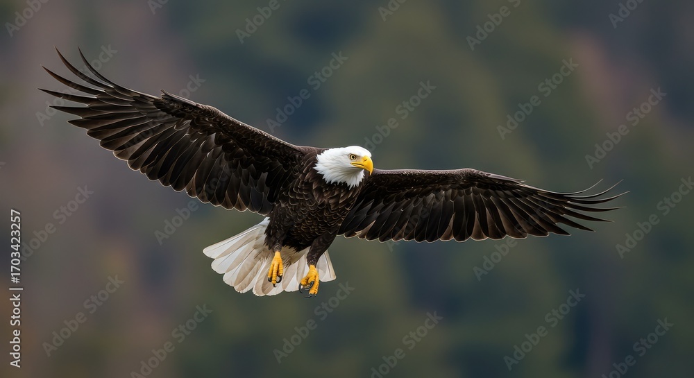 Fototapeta premium Majestic Bald Eagle soaring with powerful wings spread against a blurred natural background, symbol of freedom