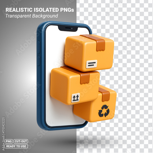 Mobile phone with shipping boxes 3D illustration Transparent PNG file ready to be used.