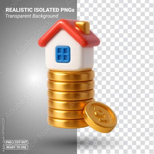 Real estate house on gold coin stack money savings investment Transparent PNG file ready to be used.