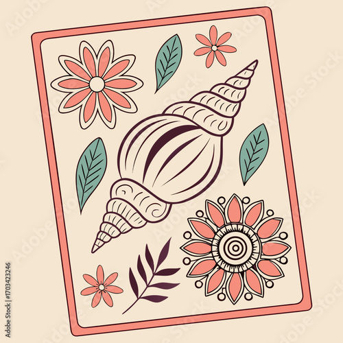 Stylized conch shell illustration with floral ornaments on a framed card