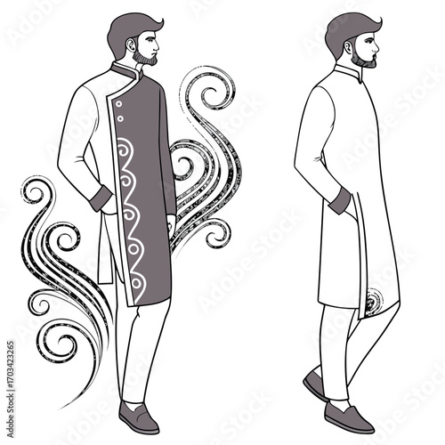Two men in kurta pajama with swirl designs