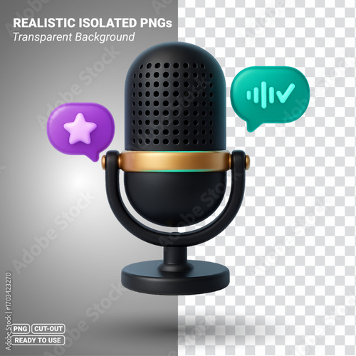 Studio microphone with chat bubbles and audio waveform icon 3D illustration Transparent PNG file ready to be used.