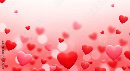 Ethereal Cascade of Red and Pink 3D Hearts on a Glowing Bokeh Background